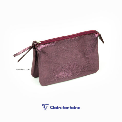 Clairefontaine Cuirise Small Flat Pocket 2 Bölmeli Deri Çanta Cherry 400011C 0111
